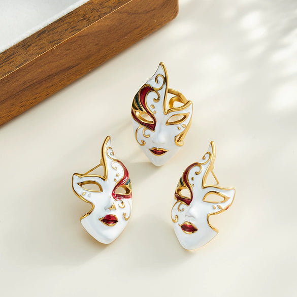 Women's Stainless Steel Geometric Mask Pattern Earrings And Ring Set With Enamel Detail And 18K Vacuum Plated Finish