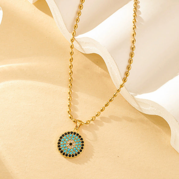 Women's Stainless Steel Geometric Mixed Gemstone Inlay Electroplated Clavicle Chain With Devil's Eye Pendant