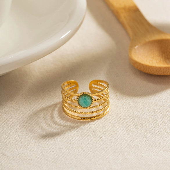 Women's Stainless Steel Geometric Multilayer Wide Ring Electroplated With 18K Gold And Blue Tianhe Stone Nonfading