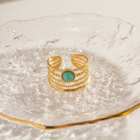 Women's Stainless Steel Geometric Multilayer Wide Ring Electroplated With 18K Gold And Blue Tianhe Stone Nonfading