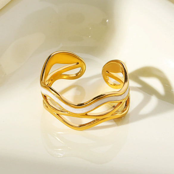Women's Stainless Steel Geometric Oil Dripping Wavy Open Ring With Electroplating