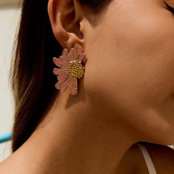 Women's Stainless Steel Geometric Oil Drop Earrings With Electroplating And Plants Flowers Style