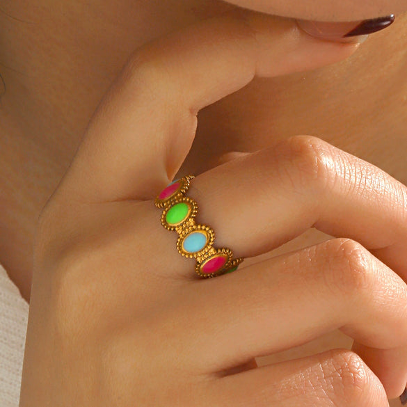 Women's Stainless Steel Geometric Oval Ring With Color Oil Dropping And Electroplating