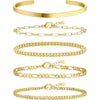 Women's Stainless Steel Geometric Paper Clip And Cuban Chain Bracelet Stacking Set With Adjustable Electroplated Design