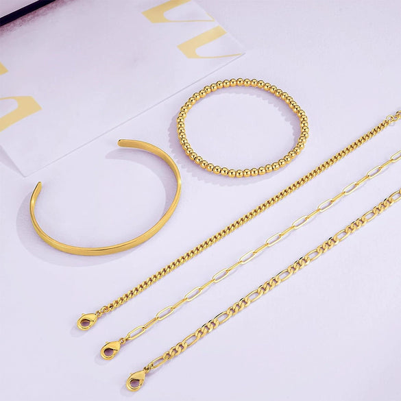 Women's Stainless Steel Geometric Paper Clip And Cuban Chain Bracelet Stacking Set With Adjustable Electroplated Design