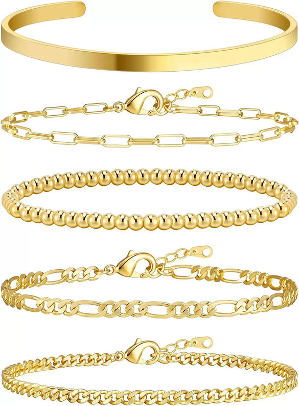 Women's Stainless Steel Geometric Paper Clip And Cuban Chain Bracelet Stacking Set With Adjustable Electroplated Design