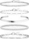 Women's Stainless Steel Geometric Paper Clip And Cuban Chain Bracelet Stacking Set With Adjustable Electroplated Design