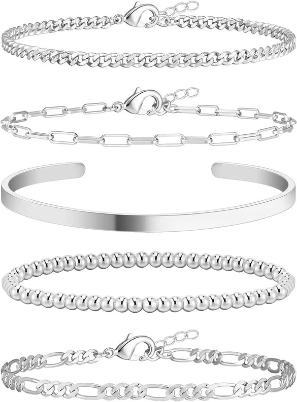 Women's Stainless Steel Geometric Paper Clip And Cuban Chain Bracelet Stacking Set With Adjustable Electroplated Design