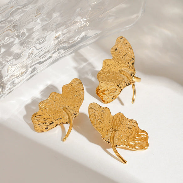 Women's Stainless Steel Geometric Pattern Electroplated Ginkgo Leaf Ring Earrings