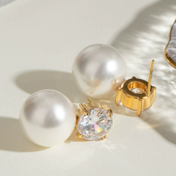 Women's Stainless Steel Geometric Pearl Zircon Earrings With Electroplating