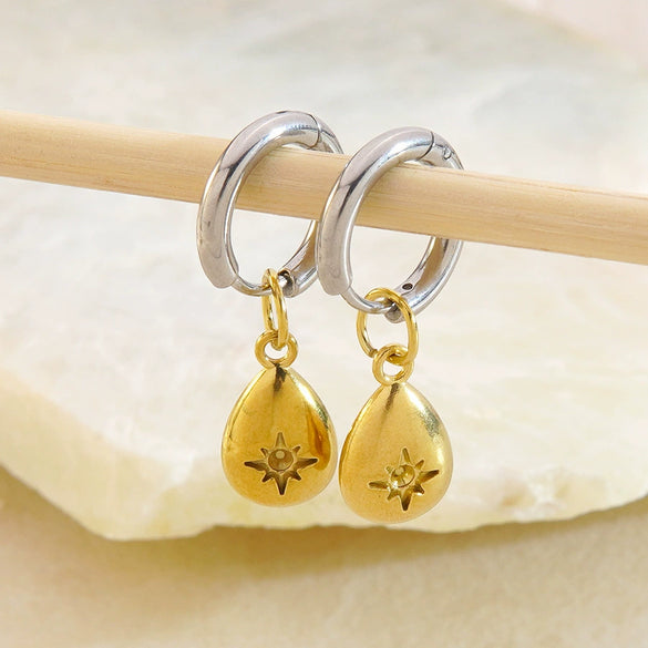 Women's Stainless Steel Geometric Pendant Earrings In Gold And Silver Contrast With Electroplated High End Style