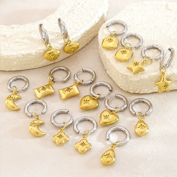 Women's Stainless Steel Geometric Pendant Earrings In Gold And Silver Contrast With Electroplated High End Style
