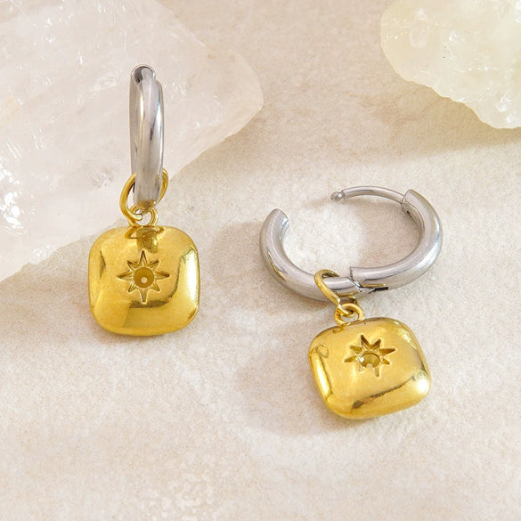 Women's Stainless Steel Geometric Pendant Earrings In Gold And Silver Contrast With Electroplated High End Style