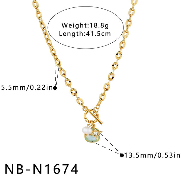 Women's Stainless Steel Geometric Pendant Necklace With Rhinestone And Pearl Accents 18K Vacuum Plated Regular Chain