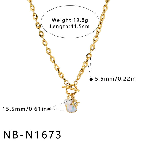 Women's Stainless Steel Geometric Pendant Necklace With Rhinestone And Pearl Accents 18K Vacuum Plated Regular Chain