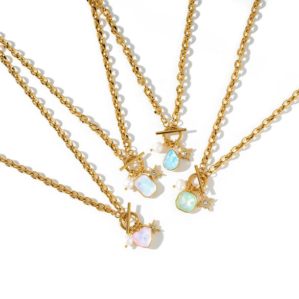 Women's Stainless Steel Geometric Pendant Necklace With Rhinestone And Pearl Accents 18K Vacuum Plated Regular Chain