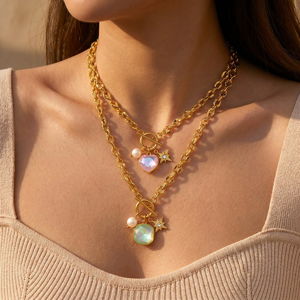 Women's Stainless Steel Geometric Pendant Necklace With Rhinestone And Pearl Accents 18K Vacuum Plated Regular Chain