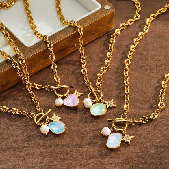 Women's Stainless Steel Geometric Pendant Necklace With Rhinestone And Pearl Accents 18K Vacuum Plated Regular Chain