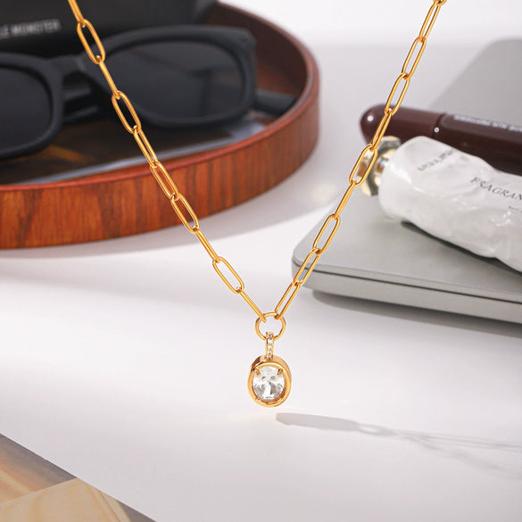 Women's Stainless Steel Geometric Pendant Necklace With Zircon Pvd Real Gold Plated Non Fading Stackable Metal Chain Jewelry