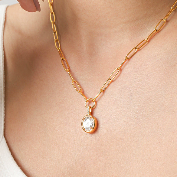 Women's Stainless Steel Geometric Pendant Necklace With Zircon Pvd Real Gold Plated Non Fading Stackable Metal Chain Jewelry