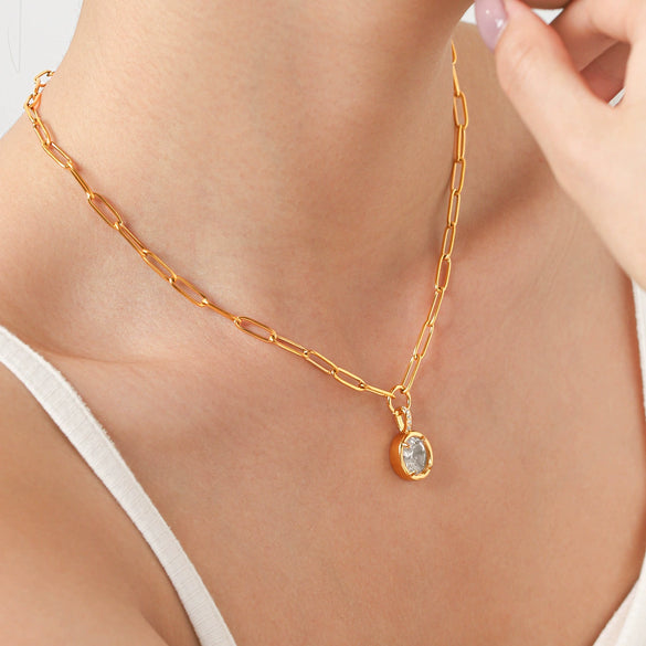 Women's Stainless Steel Geometric Pendant Necklace With Zircon Pvd Real Gold Plated Non Fading Stackable Metal Chain Jewelry