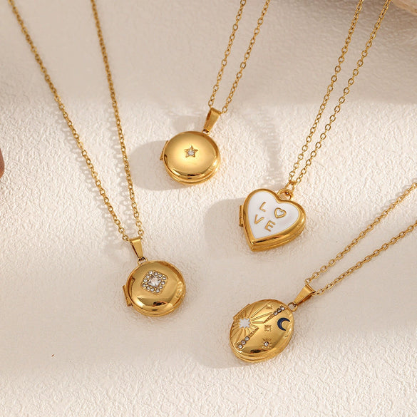Women's Stainless Steel Geometric Photo Album Pendant O Word Chain Necklace With Electroplating