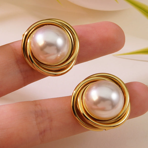 Women's Stainless Steel Geometric Retro Baroque Fashion Earrings With Imitation Pearl Mabei And Electroplating