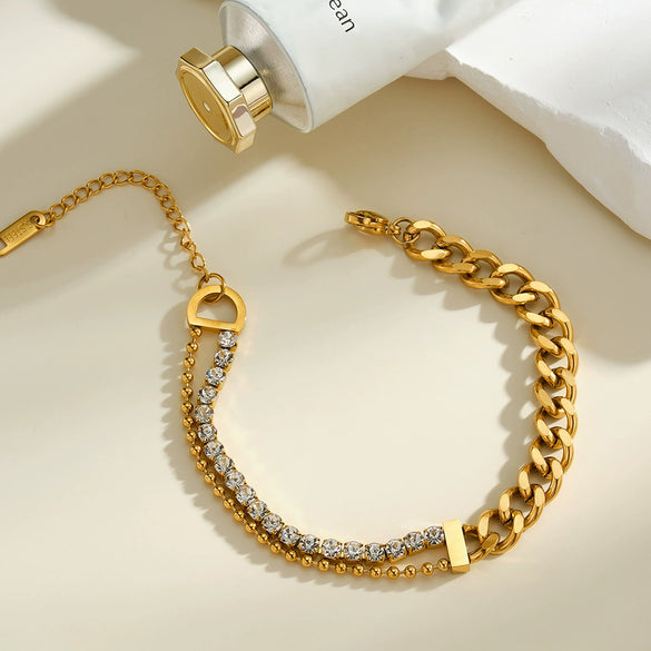Women's Stainless Steel Geometric Rhinestone Multi Chain Stackable Bracelet With 18K Vacuum Plating
