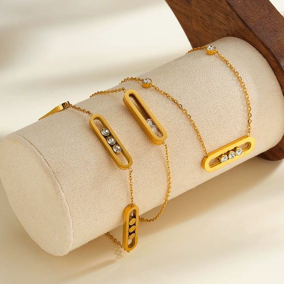 Women's Stainless Steel Geometric Rhinestone Necklace Bracelet And Bangle Set With 18K Vacuum Plated Finish