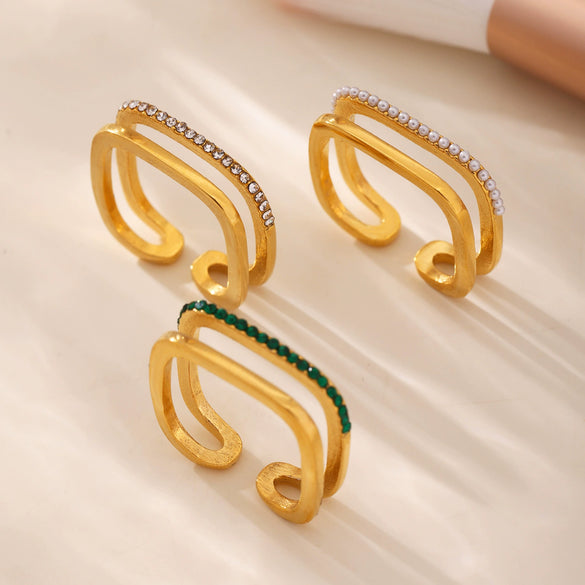 Women's 316L Stainless Steel Geometric Rhinestone Zircon Open Index Finger Ring Jewelry Electroplated