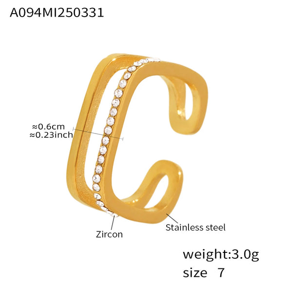 Women's 316L Stainless Steel Geometric Rhinestone Zircon Open Index Finger Ring Jewelry Electroplated