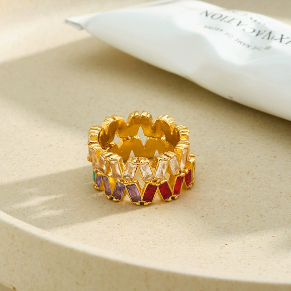 Women's Stainless Steel Geometric Ring With Colorful Zircon And 18K Vacuum Plated Finish Simple Fashion Jewelry