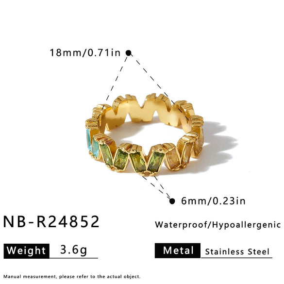 Women's Stainless Steel Geometric Ring With Colorful Zircon And 18K Vacuum Plated Finish Simple Fashion Jewelry