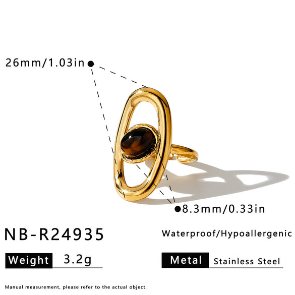 Women's Stainless Steel Geometric Ring With Natural Stone Accent Minimalist Style Electroplated Finish Adjustable Open Band