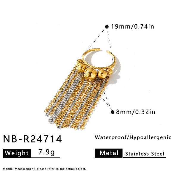 Women's Stainless Steel Geometric Ring With Rhinestone Accents Tassel Detail And 18K Vacuum Plated Non Fading Finish