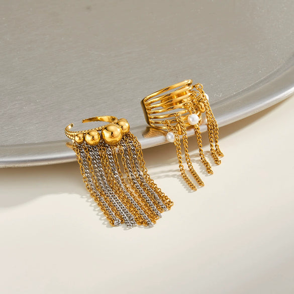 Women's Stainless Steel Geometric Ring With Rhinestone Accents Tassel Detail And 18K Vacuum Plated Non Fading Finish