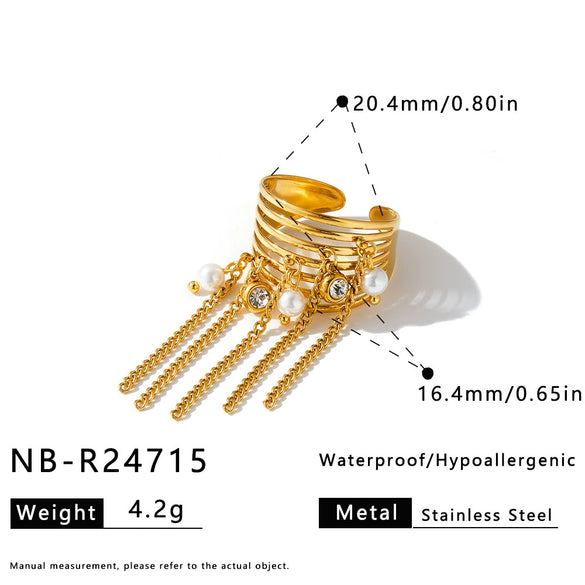 Women's Stainless Steel Geometric Ring With Rhinestone Accents Tassel Detail And 18K Vacuum Plated Non Fading Finish