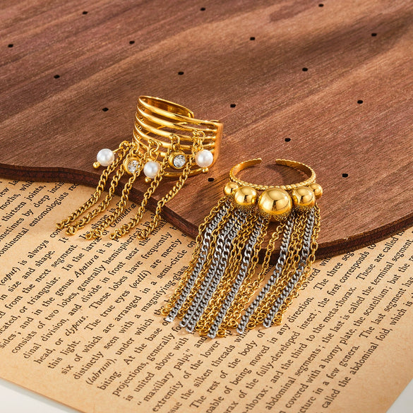Women's Stainless Steel Geometric Ring With Rhinestone Accents Tassel Detail And 18K Vacuum Plated Non Fading Finish