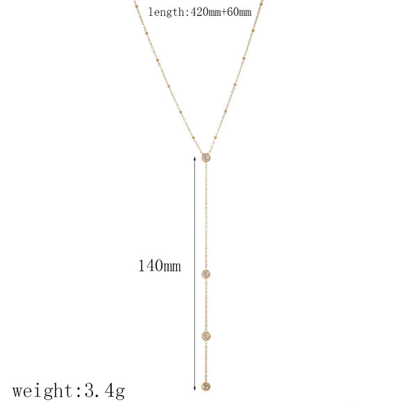 Women's Stainless Steel Geometric Round Bead Tassel Necklace With Encrusted Zircon And Ball Chain 18K Gold Plated