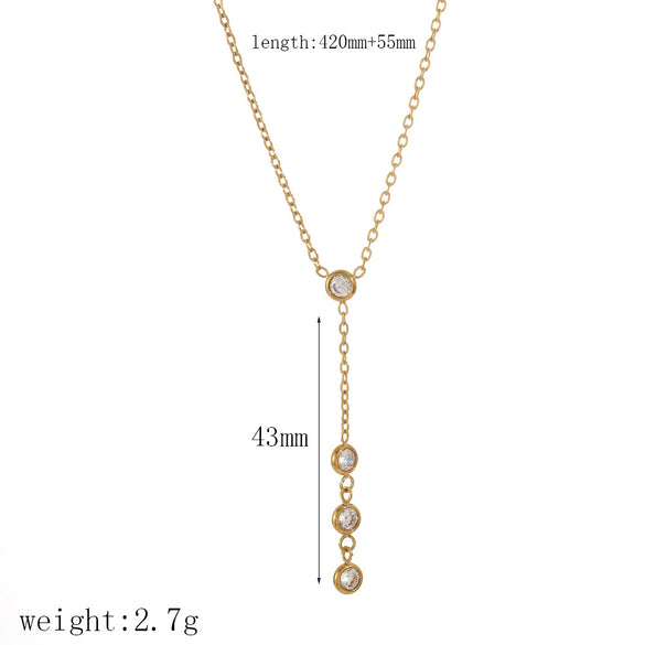 Women's Stainless Steel Geometric Round Bead Tassel Necklace With Encrusted Zircon And Ball Chain 18K Gold Plated