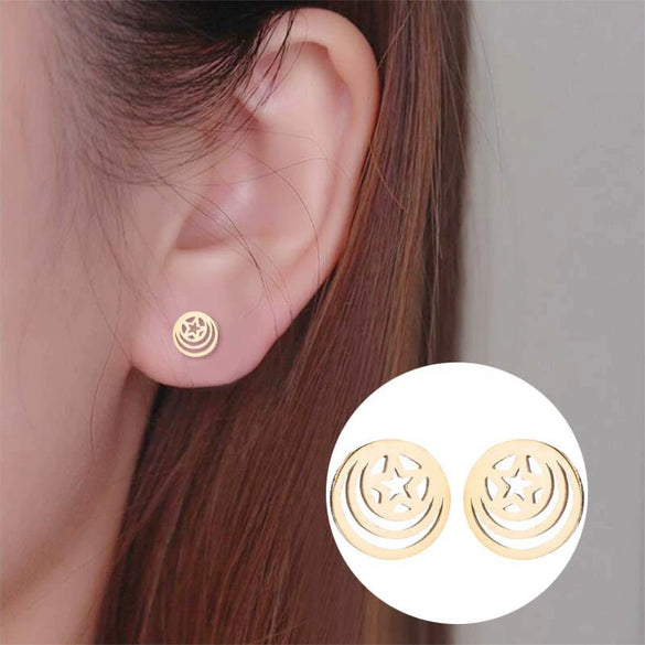 Women's Stainless Steel Geometric Round Hollow Fivepointed Star Earrings With Electroplated Finish