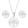 Women's Stainless Steel Geometric Round Pendant Necklace And Earring Set With Plant Motif And Electroplated Finish