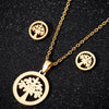Women's Stainless Steel Geometric Round Pendant Necklace And Earring Set With Plant Motif And Electroplated Finish