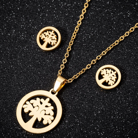 Women's Stainless Steel Geometric Round Pendant Necklace And Earring Set With Plant Motif And Electroplated Finish