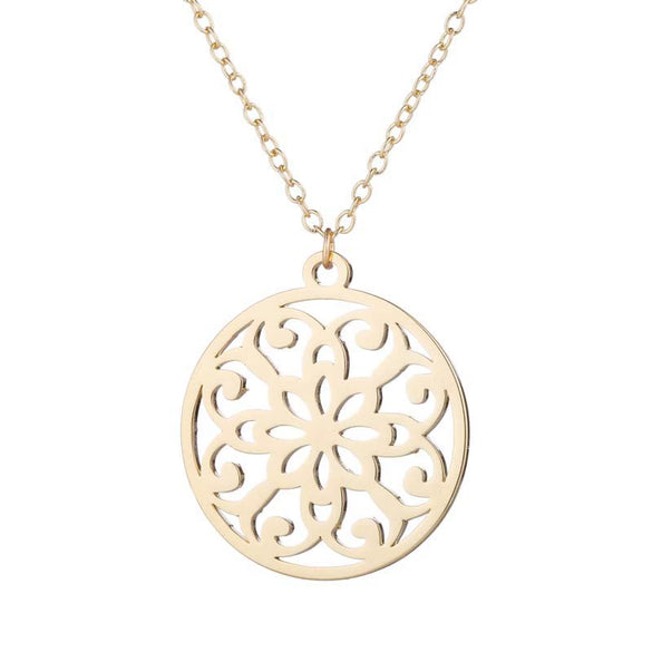 Women's Stainless Steel Geometric Round Pendant Necklace With Cut Out Flower Stamen Design And Electroplated O Chain
