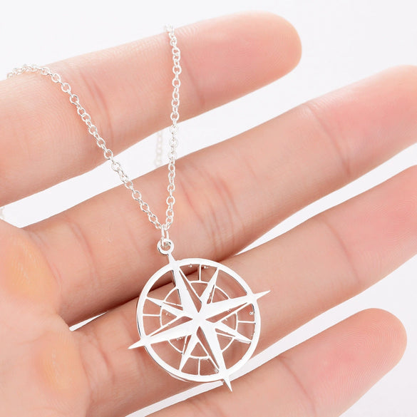 Women's Stainless Steel Geometric Round Pendant Necklace With Oshaped Chain And Electroplated Compass Design