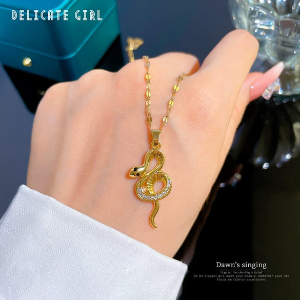 Women's Stainless Steel Geometric Small Snake Micro Diamond Necklace