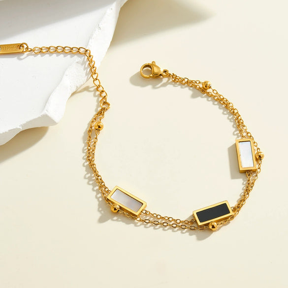 Women's Stainless Steel Geometric Square Bracelet With White Shell Inlay And Vacuum Plated 18K Finish