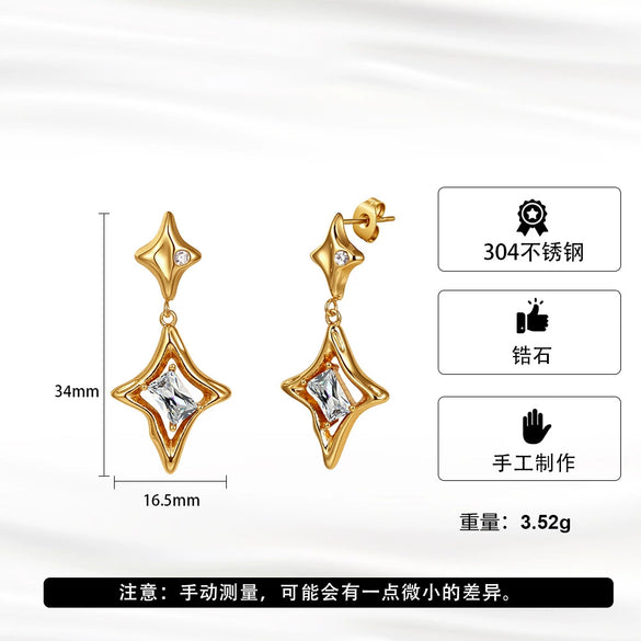 Women's Stainless Steel Geometric Star Earrings With Vacuum Real Gold Plating In Pvd Furnace