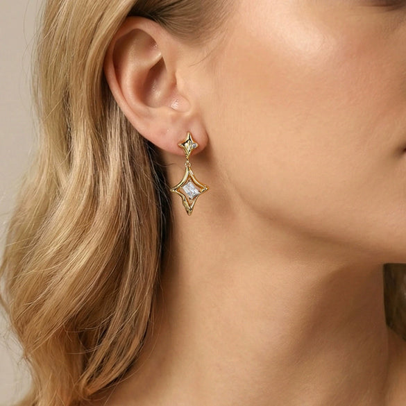Women's Stainless Steel Geometric Star Earrings With Vacuum Real Gold Plating In Pvd Furnace